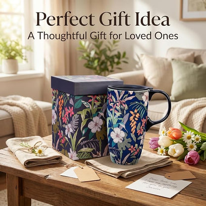 Topadorn 17oz Tropical Hibiscus Ceramic Travel Mug with Lid, Navy Floral Coffee Cup, Exotic Flower Mug, Microwave & Dishwasher Safe, Gift Box Included