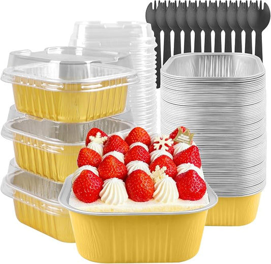 50 Pack 10oz Square Mini Cake Pans with Lids and Spoons,Aluminum Foil Baking Cups,Disposable Mini Loaf Pans Ramekins for Brownie, Cheesecake, Mousse & Wedding Party Favors-Gold