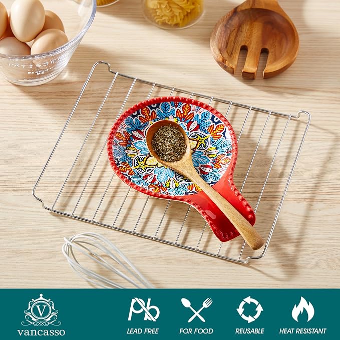 vancasso Ceramic Spoon Rest for Stove Top, 7.7 Inch Cooking Spoon Holder for Kitchen Counter Decor, Spoon Holder for Coffee Spoon Rest, Spoon Cradle, Spatula, Spoons or Tongs, Decorations, Red
