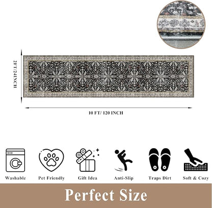 2x10 Hallway Runner Rug Non Slip Washable – Boho Floral Long Floor Carpet Runner for Kitchen Entryway Bedroom Living Room, Soft Low-Pile Thin Area Rug (Black, 2x10)