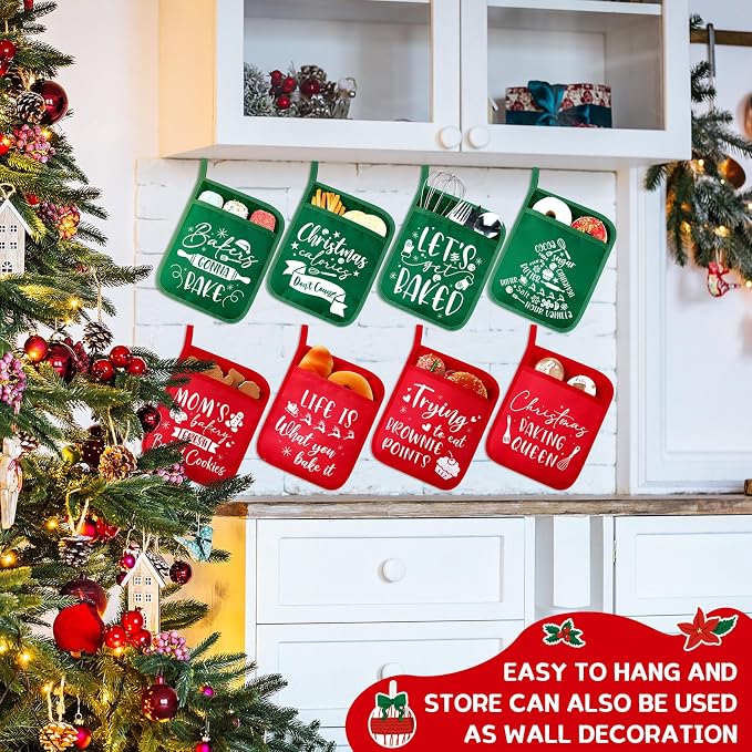 Layhit 12 Pieces Christmas Pot Holders with Pocket Heat Resistant Oven Mitts Hot Pads Farmhouse Cookie Bag for Kitchen Baking Cooking Appreciation Gift(Red and Green)