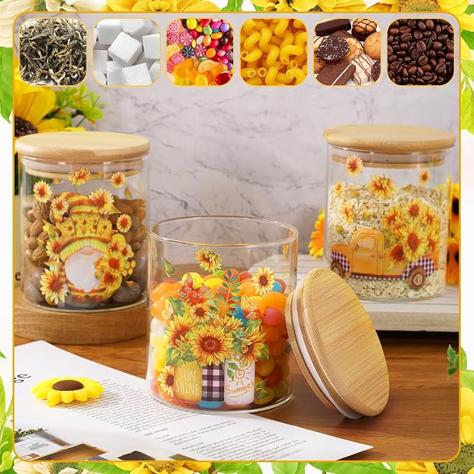 JarThenaAMCS 3Pcs Sunflower Glass Storage Jars with Airtight Lid Watercolor Floral Gnome Truck Candy Cookie Canisters Sets for Spring Summer Home Kitchen Countertop Decorations