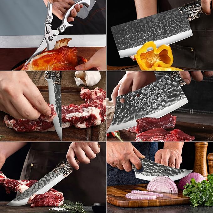 7PCS Butcher Knife Set for Home Kitchen, High Carbon Steel Hand Forged Chef Knives for Butchering, Meat Processing and Cutting, BBQ Cleaver & Bone Chopper, Fillet, Hammered Blade