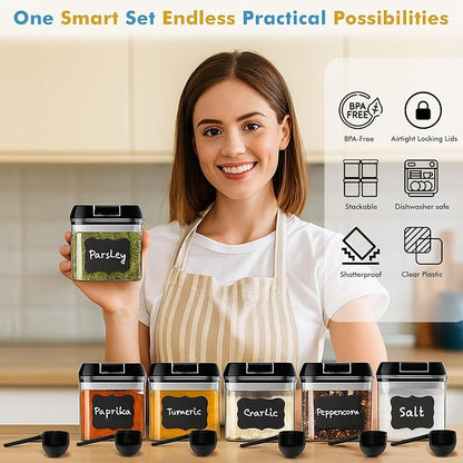 Shazo 6 PC Airtight Food Storage Containers + 6 Spoons Included - BPA Free Plastic Snack & Spice Containers with Easy Lock Lids - Kitchen and Pantry Organization for Herbs Coffee Tea - 0.5L / 2.1 Cup