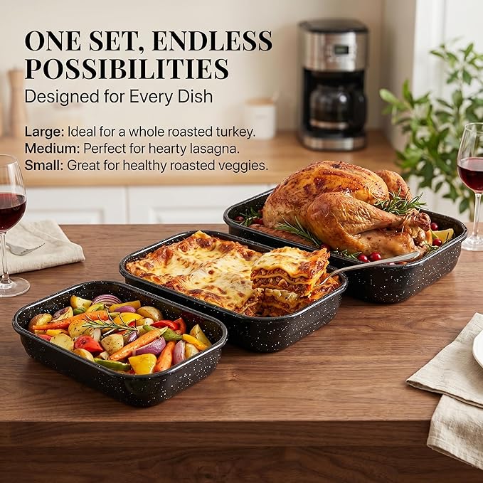 3-Pack Turkey Roasting Pans for Ovens Cake Roaster Pan Set Deep Lasagna Baking Pan,17/15/13Inch Spotted Enamel Steel Vessel Used for Dinners Cooking Safe Easy to Clean Bakeware Merry Christmas Gift