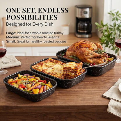 3-Pack Turkey Roasting Pans for Ovens Cake Roaster Pan Set Deep Lasagna Baking Pan,17/15/13Inch Spotted Enamel Steel Vessel Used for Dinners Cooking Safe Easy to Clean Bakeware Merry Christmas Gift