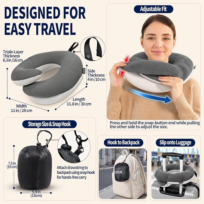 BUYUE Travel Neck Pillows for Airplanes, Memory Foam 360° Head Support Sleep for Long Flight, Skin-Friendly & Breathable, Kit with Eye Mask, Earplugs and Storage Bag (Adult, Grey, 90+ lbs)