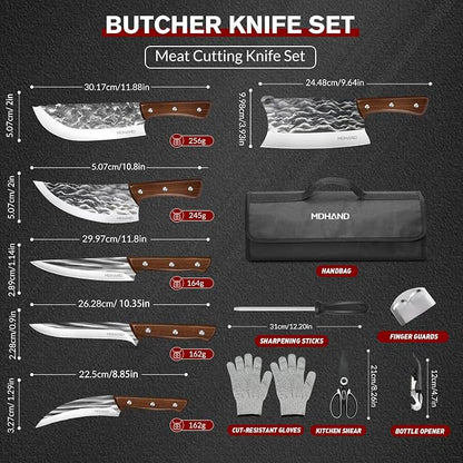 MDHAND Butcher Knife Set, Hand Forged Butcher Chef Knife Set with Roll Bag, Sharp Heavy Duty Meat Cleaver Knife & Bone Chopper Knives & Fillet Knives for BBQ, Outdoor Camping, Gifts for Men Women