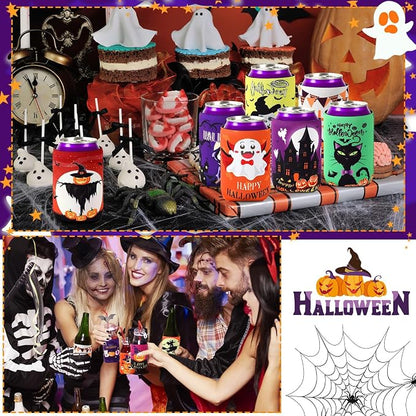 Halloween Can Cooler Sleeves, 18pcs 12 oz Cold Drinks Beer Drink Can Bottle Cooler Sleeves for Trick or Treat Party Favors Decorations Supplies