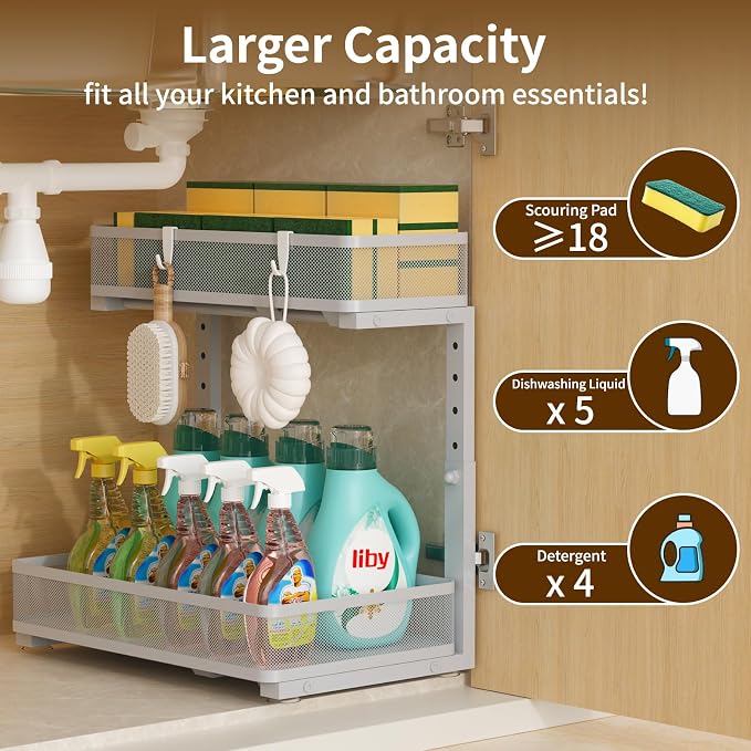 Under Sink Organizer 1 Pack, 2-Tier Slide Out Cabinet Organizer with Metal Sliding Drawer and Hooks, Pull Out Storage Baskets for Kitchen Bathroom Pantry Cabinet Organization (Gray (1 pack))