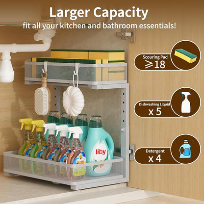 Under Sink Organizer 1 Pack, 2-Tier Slide Out Cabinet Organizer with Metal Sliding Drawer and Hooks, Pull Out Storage Baskets for Kitchen Bathroom Pantry Cabinet Organization (Gray (1 pack))