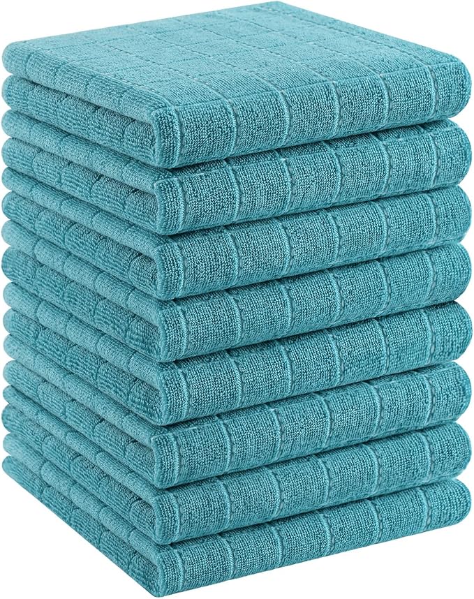 Homaxy 100% Cotton Terry Kitchen Towels(Lake Blue, 13 x 28 inches), Checkered Designed, Soft and Super Absorbent Dish Towels, 8 Pack