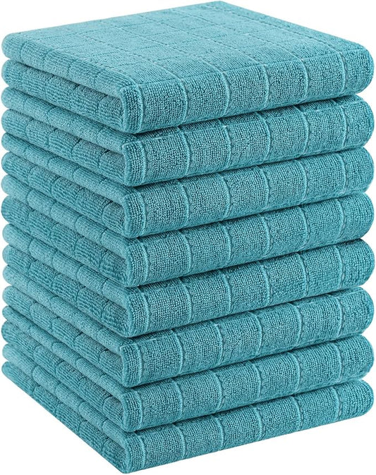 Homaxy 100% Cotton Terry Kitchen Towels(Lake Blue, 13 x 28 inches), Checkered Designed, Soft and Super Absorbent Dish Towels, 8 Pack