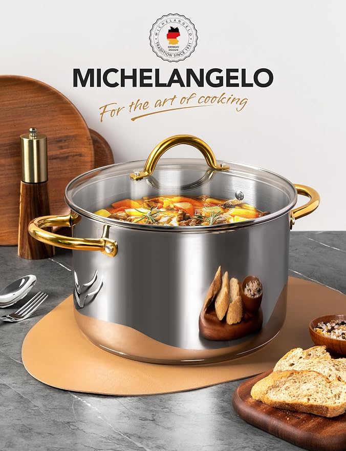 MICHELANGELO Stainless Steel Stock Pots - 8 Quart Pot with Lid, Soup Pot Induction Compatible, Cooking Pots with Riveted Handle, Oven & Dishwasher Safe