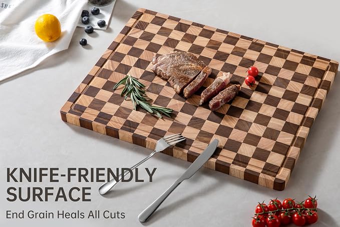 THETCHRY Cutting Boards for Kitchen, Extra Large Chopping Board for Stovetop, Checkered Acacia Wood Cutting Board with Juice Grooves, Butcher Block with Gift Box, 20" x 15" x 1"