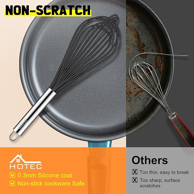 HOTEC 4 Pieces Silicone Whisks Set, Wire Balloon Whisks for cooking Egg Beater, Non-slip Handle Whisk for Non-stick Cookware Perfect for Cooking, Stirring, Beating and Blending,Black