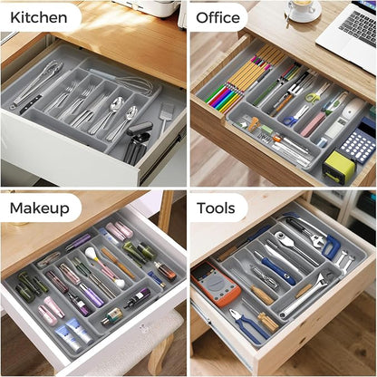 ukeetap Extra Large Expandable Silverware Organizer, BPA-Free Food-Safe Cutlery Flatware Organizer, Kitchen Utensil Drawer Organizer, Adjustable Silverware Holder for Spoons Forks Knives, Gray