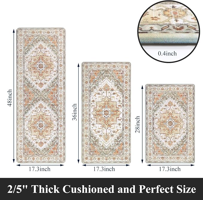 Cushioned Kitchen Rug Sets 3 Piece Anti Fatigue Mats for Floor Non Slip Waterproof Runner for Home Office, Sink, Laundry