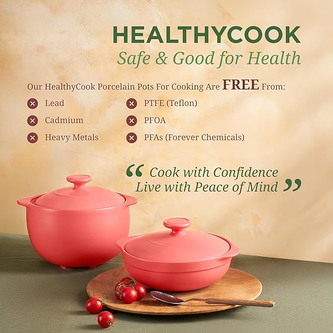 MINH LONG 2-Qt Porcelain Dutch Oven with Lid – Lead & Cadmium Free, Oven Safe to 482°F, Heat Retention, Clay Pot for Cooking on Gas & Infrared Cooktop, Use to Marinate, Cook, Bake, Refrigerate & Serve