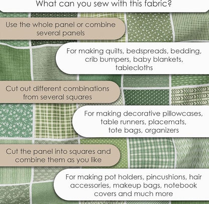 Cotton Satin Patchwork Fabric Panel – 35 Designs, 20×20 cm Squares, Single Piece 150×110 cm, Green Patchwork Quilt Fabric (Olive Garden Patchwork Set, 35pcs 8x8 inch)