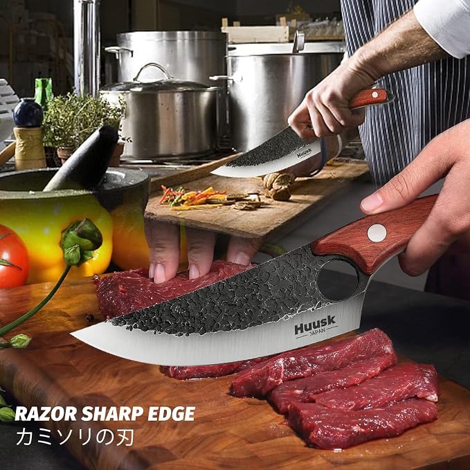 Huusk Viking Knives Hand Forged Boning & Chef Knife - Full Tang Japanese Blade with Sheath - Butcher Meat Cleaver - Camping & Kitchen, Gifts for Men and Women