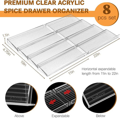 Spice Drawer Organizer, 4 Tier Clear Acrylic Drawer Seasoning Organizer Rack, Kitchen Seasoning Jars Drawers Insert, Expandable 11" to 22" Spice Rack Tray for Cabinet/Countertop (Jars Not Included)
