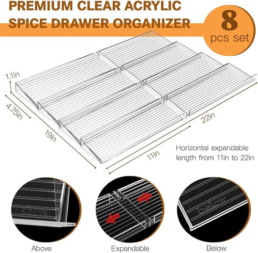 Spice Drawer Organizer, 4 Tier Clear Acrylic Drawer Seasoning Organizer Rack, Kitchen Seasoning Jars Drawers Insert, Expandable 11" to 22" Spice Rack Tray for Cabinet/Countertop (Jars Not Included)