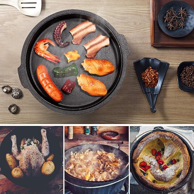 Overmont 9QT Cast Iron Dutch Oven Pre-Seasoned Camping Dutch Oven Pot with Legs, Lid Lifter & Dual Handles, Cast Iron Pot with Skillet Lid for Campfire Cooking, BBQ, Grill, Stove, Outdoor Use