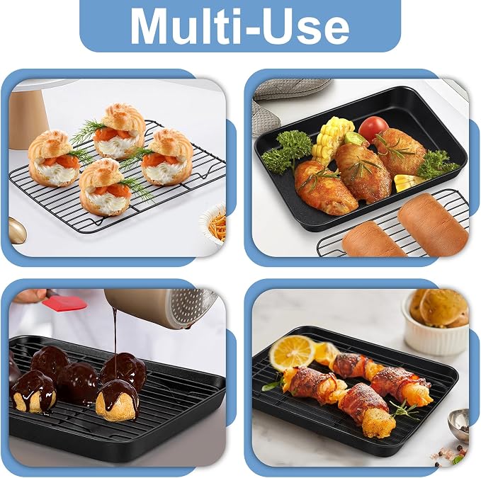 TeamFar Toaster Oven Pan with Rack Set, 9.25 x 7 x 1 Inch Carbon Steel Mini Baking Pan Tray with Cooling Rack for Roasting Cooling, Non-Toxic & Heavy Duty, Nonstick & Easy Clean