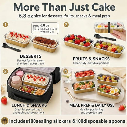 YQER 100 Pack Gold Mini Cake Pans with Lids and Spoons, 6.8 oz Disposable Aluminum Foil Mini Loaf Pans with Stickers, Individual Elegant Dessert Cake Tins Containers for Weddings, Parties, Bake Sales