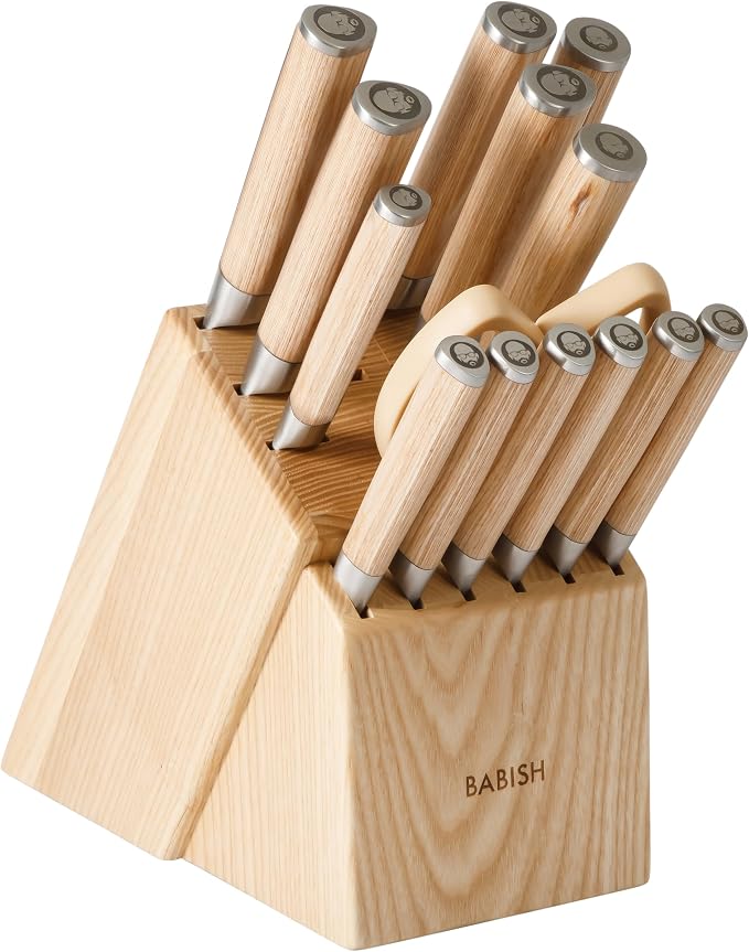Babish High-Carbon 1.4116 German Steel 15 Piece Full Tang Forged Cutlery Kitchen Knife Block Set - Light Pakka Wood Handle
