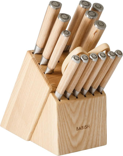 Babish High-Carbon 1.4116 German Steel 15 Piece Full Tang Forged Cutlery Kitchen Knife Block Set - Light Pakka Wood Handle