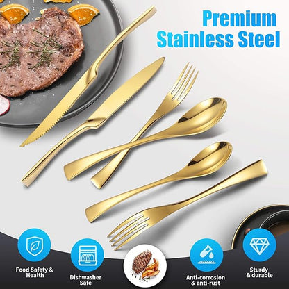 Lemeya 24-Pieces Gold Silverware Set with Steak Knives,Heavy Duty 18/10 Stainless Steel Flatware Set for 4,Modern Cutlery with Forged Stand Knives,Mirror Polished,Dishwasher Safe