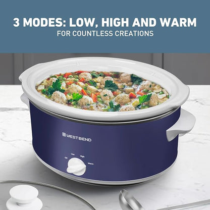 West Bend Slow Cooker 6-Quart Manual Crockery Style with Dishwasher Safe Oval Ceramic Crockpot and Glass Lid Two Temperature Settings Plus Keep Warm, 330-Watts, Navy