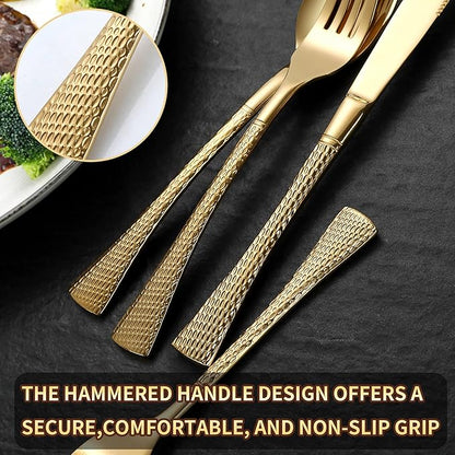 Lemeya Hammered Gold Silverware Set,30 Piece Modern Flatware Set Service for 6,Mirror Polished Stainless Steel Cutlery Set Utensil Set Tableware Set,Kitchen Knives Forks Spoons Set,Dishwasher Safe