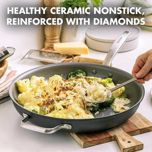 GreenPan Chatham Hard Anodized Healthy Ceramic Nonstick, 13" Frying Pan Skillet with Helper Handle, PFAS-Free, Dishwasher Safe, Oven Safe, Gray