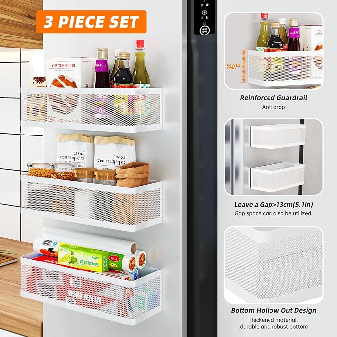 3 Pack Magnetic Spice Rack for Refrigerator, Heavy Duty White Metal Fridge Organizers & Storage Baskets, Multi-use Magnetic Shelves for Kitchen Organization, Pantry, Laundry Room & Bathroom Storage