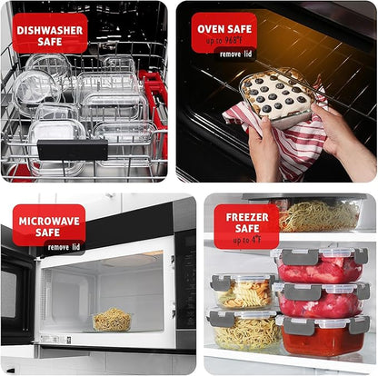 EATEX 32pc Glass Storage Containers with Lids, 16 Glass Food Storage Containers with 16 Airtight Lids for Pantry & Kitchen, Meal Prep Containers for Lunch, Oven Freezer Microwave & Dishwasher Safe