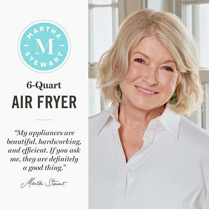 Martha Stewart 6QT Air Fryer, 6-in-1, Bake, Broil, Roast, Air Fry, Dehydrate, Reheat, Ceramic Non-Stick Basket, Crispy Results Fast, 400°F Max Temp, Shake Reminder, Linen Cream