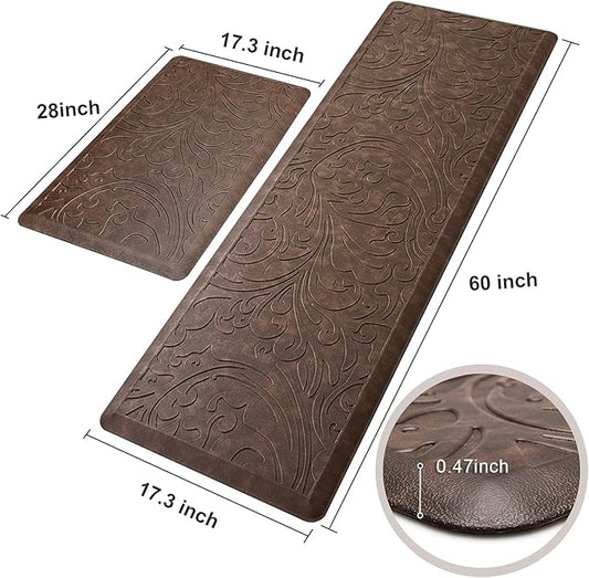 KMAT 2PCS Kitchen Mat Cushioned Anti-Fatigue Floor Mat,Waterproof Non-Slip Standing Mat,Ergonomic Comfort Floor Mat Rug for Home,Office,Sink,Laundry,Desk(17.3"x28"+17.3"x60",Brown)