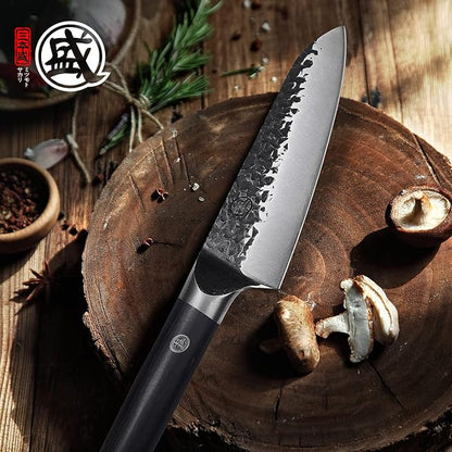MITSUMOTO SAKARI 7-Inch Japanese Santoku Knife, SKD-11 Steel | Wide 2mm Santoku blade for slicing, dicing and mincing, 3-layer SKD-11 steel, textured finish, pakkawood handle