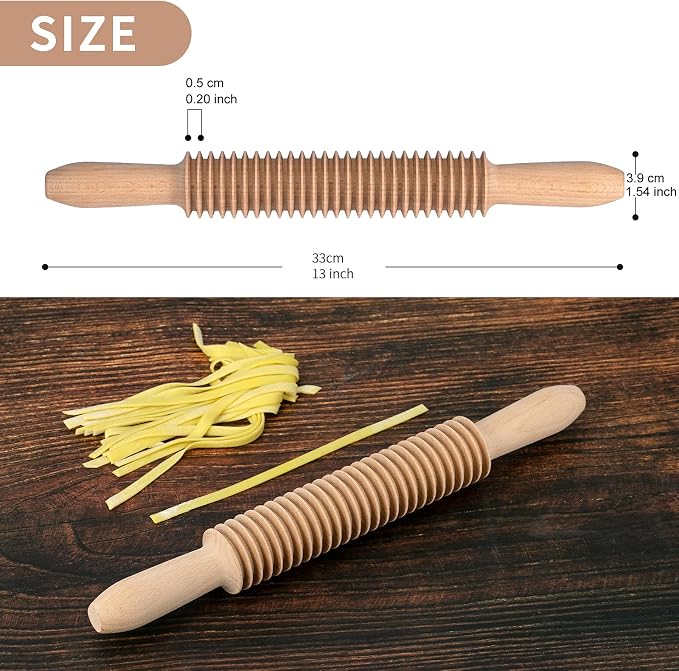 Beech Wood 5mm Tagliatelle Pasta Cutter Noodle Lattice Roller Docker Dough Cutter Wooden Rolling Pin Spaghetti Pasta Maker Beechwood Noodle Cutter Rolling Pin Kitchen Cooking Tools