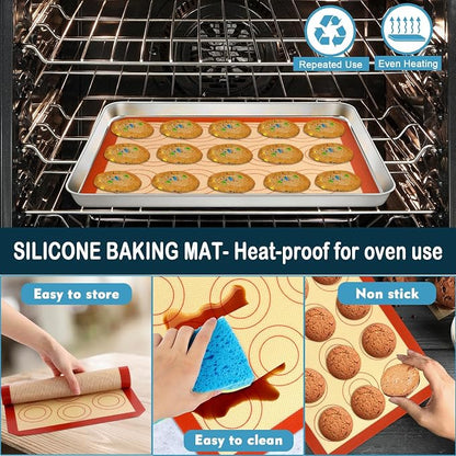P&P CHEF 16 Inch Baking Oven Sheet Pan with Rack & Mat for Cookie, Stainless Steel Oven Sheet Tray Cooling Rack and Silicone Mat for Baking & Roasting, Dishwasher Safe & Healthy, 3Pcs