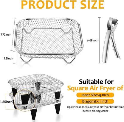 TeamFar Square Air Fryer Rack, 7.72" Stainless Steel Stackable Air Fryer Basket Accessories for Frying Roasting Baking, 3pcs Dehydrator Rack with Silicone Feet & Clip, Oven & Dishwasher Safe