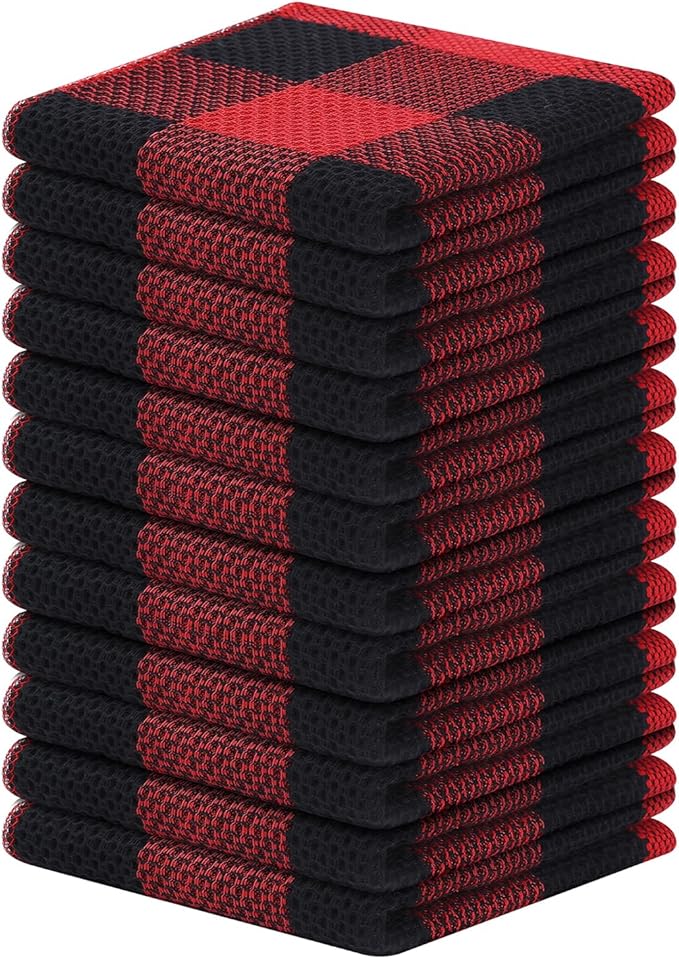 Homaxy 100% Cotton Waffle Weave Check Plaid Dish Cloths, 12 x 12 Inches, Super Soft and Absorbent Dish Towels Quick Drying Dish Rags, 12-Pack, Black & Red