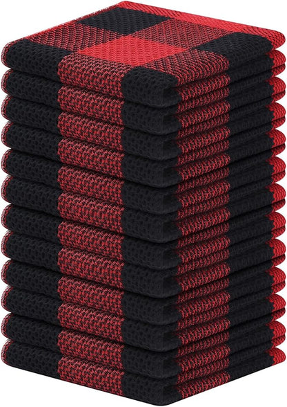 Homaxy 100% Cotton Waffle Weave Check Plaid Dish Cloths, 12 x 12 Inches, Super Soft and Absorbent Dish Towels Quick Drying Dish Rags, 12-Pack, Black & Red