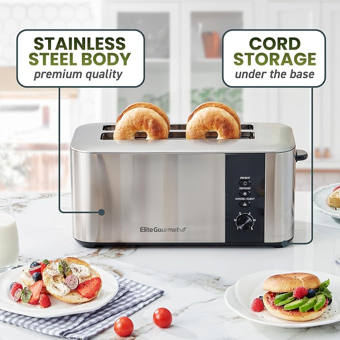 Elite Gourmet ECT3401 Long Slot 4 Slice Toaster, 1.5” Slot Width, 6 Toast Shade Settings, Reheat, Defrost & Cancel Functions, Extra Large Slots for Bagels, Waffles, Artisan Breads, Stainless Steel