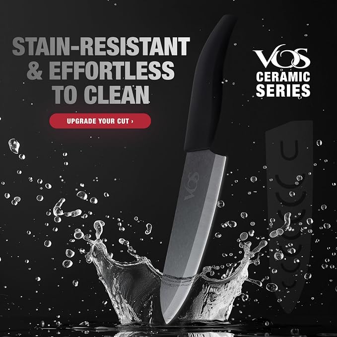 Vos ceramic knives set for kitchen in gift box, 5 ceramic knife with cover with scissors, 3" 4" 5" 6" ultra sharp knives for home cooks, lightweight, rust-free, dishwasher safe (Black handle)
