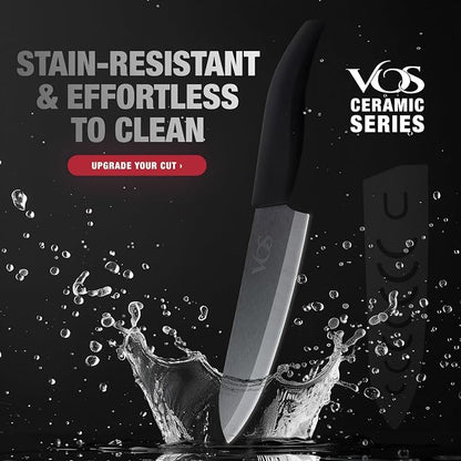 Vos ceramic knives set for kitchen in gift box, 5 ceramic knife with cover with scissors, 3" 4" 5" 6" ultra sharp knives for home cooks, lightweight, rust-free, dishwasher safe (Black handle)