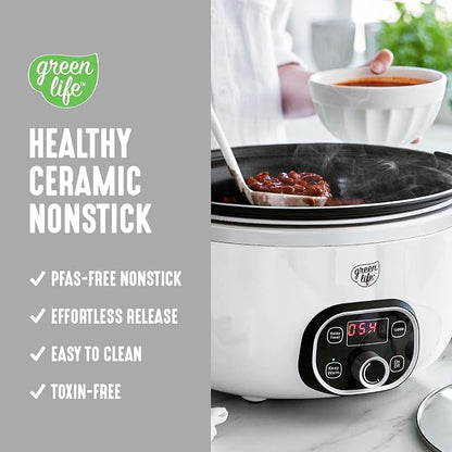 GreenLife 6QT Slow Cooker, Non-Toxic PFAS-Free Ceramic Nonstick Removable Interior Bowl, Programmable, Family Friendly, Keep Warm, Stovetop & Oven Safe, Dishwasher Safe Crock, Timer, Glass Lid, White